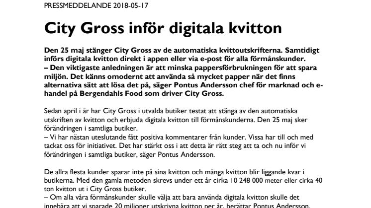 City Gross inför digitala kvitton