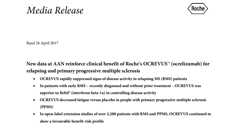 Nye data bekrefter klinisk effekt av av Roches Ocrevus™  for multippel sklerose 