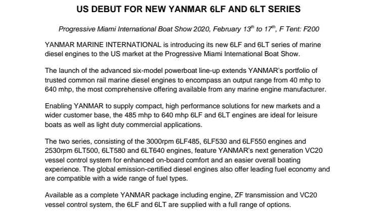 US Debut for New YANMAR 6LF and 6LT Series at Miami International Boat Show