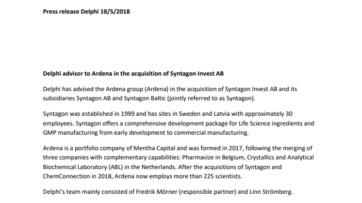Delphi advisor to Ardena in the acquisition of Syntagon Invest AB