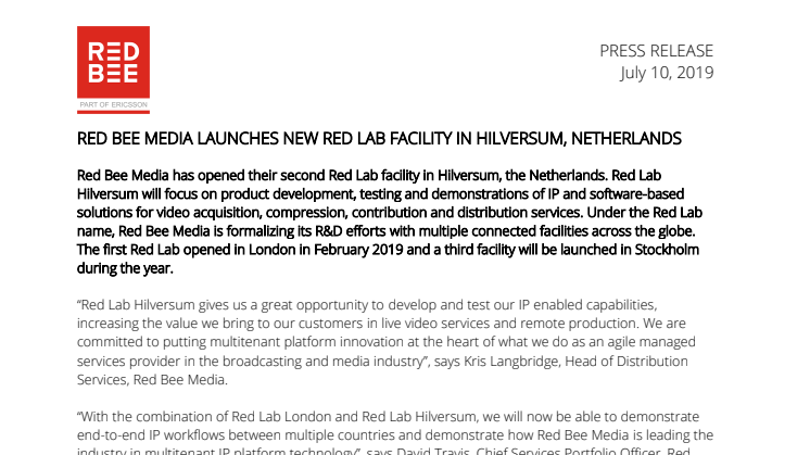 Red Bee Media Launches New Red Lab Facility in Hilversum, Netherlands