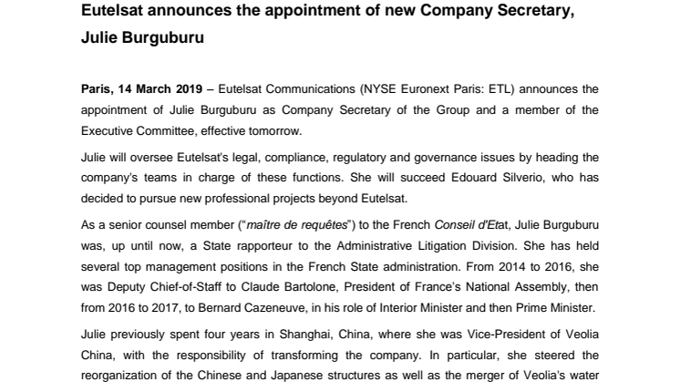 Eutelsat announces the appointment of new Company Secretary, Julie Burguburu