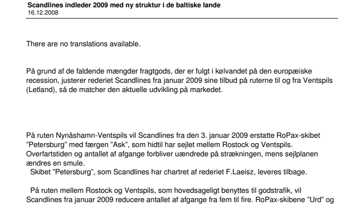 Scandlines indleder 2009 med ny struktur i de baltiske lande
