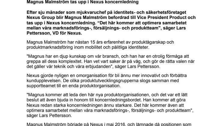 Magnus Malmström tas upp i Nexus koncernledning