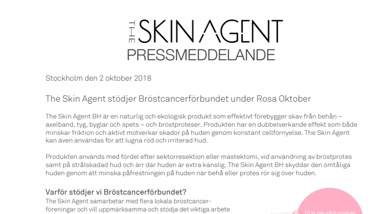 The Skin Agent stödjer Bröstcancerförbundet under Rosa Oktober