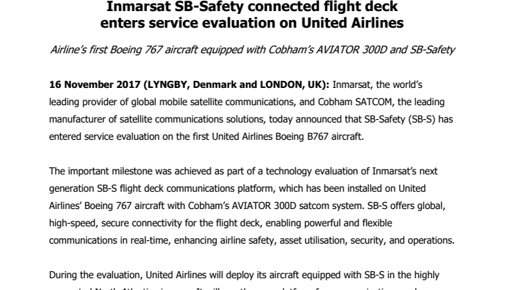 Cobham SATCOM: Inmarsat SB-Safety connected flight deck  enters service evaluation on United Airlines 