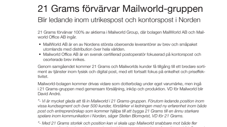 21 Grams förvärvar Mailworld-gruppen