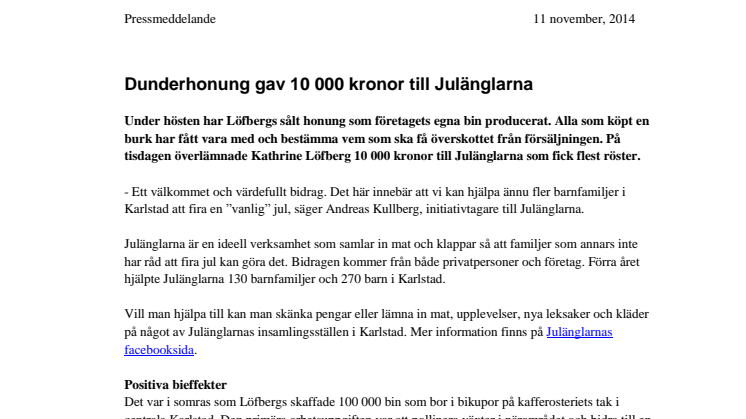 Löfbergs honung gav 10 000 kronor till Julänglarna