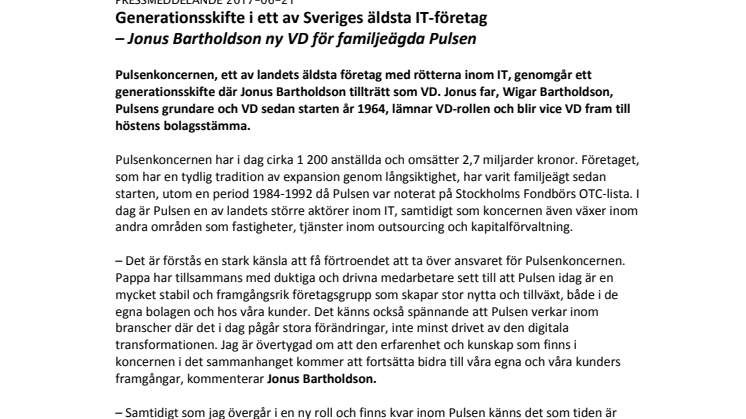 Generationsskifte i ett av Sveriges äldsta IT-företag – Jonus Bartholdson ny VD för familjeägda Pulsen