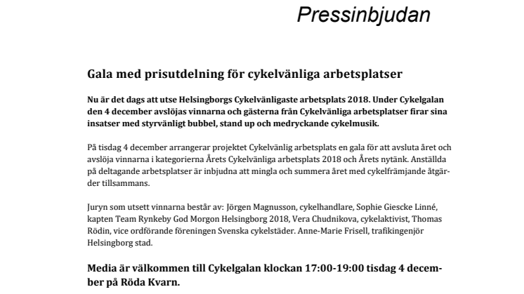 Pressinbjudan: Gala med prisutdelning för cykelvänliga arbetsplatser
