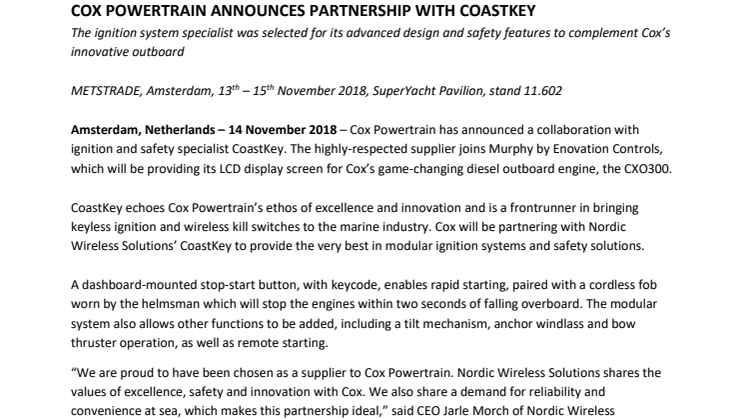 Cox Powertrain Announces partnership with CoastKey