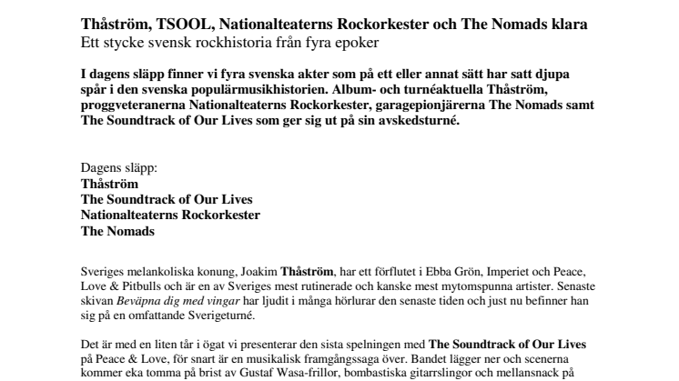 Thåström, TSOOL, Nationalteaterns Rockorkester och The Nomads klara - Ett stycke svensk rockhistoria från fyra epoker