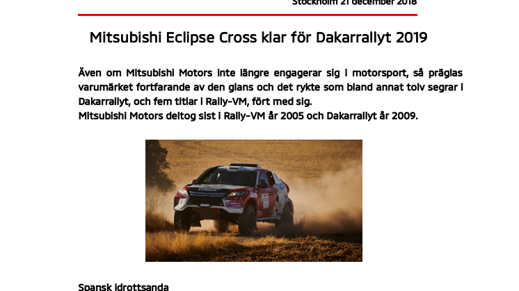 Mitsubishi Eclipse Cross klar för Dakar 2019