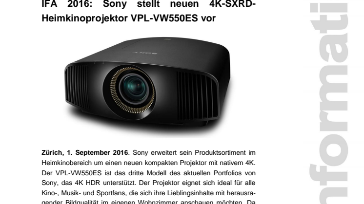 IFA 2016: Sony stellt neuen 4K-SXRD-Heimkinoprojektor VPL-VW550ES vor 