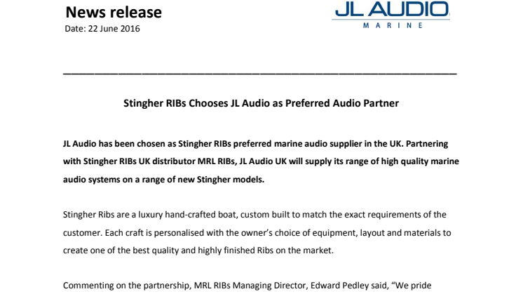 JL Audio Marine Europe:  Stingher Ribs Chooses JL Audio as Preferred Audio Partner    
