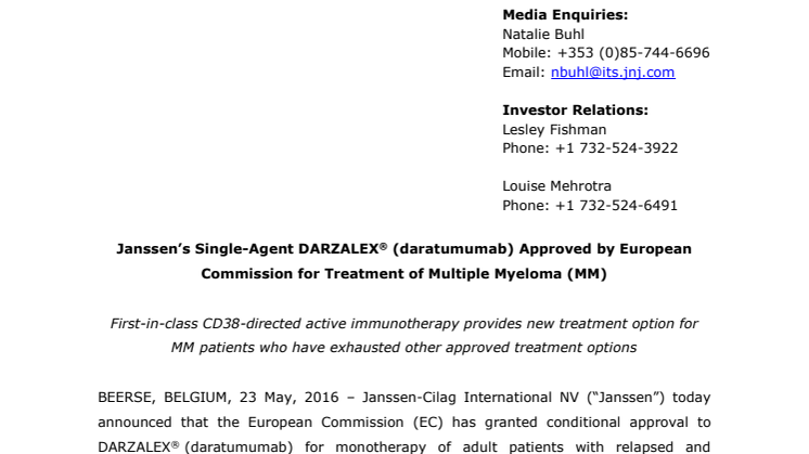Europeiska kommissionen har godkänt Darzalex (daratumumab) för behandling av multipelt myelom