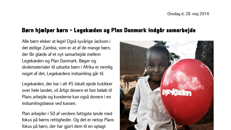 Børn hjælper børn - Legekæden og Plan Danmark indgår samarbejde