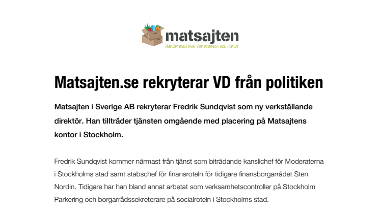 Matsajten.se rekryterar VD från politiken