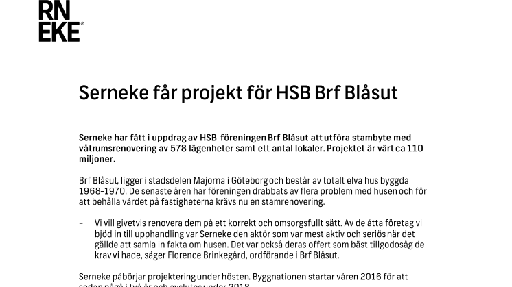 Serneke får projekt för HSB Brf Blåsut