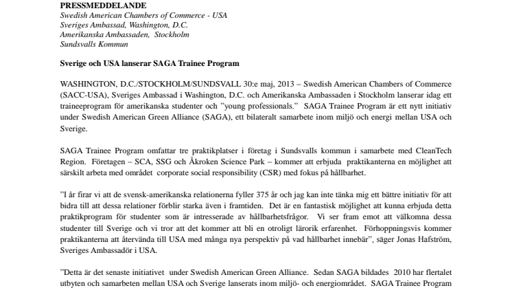 Sverige och USA lanserar SAGA Trainee Program