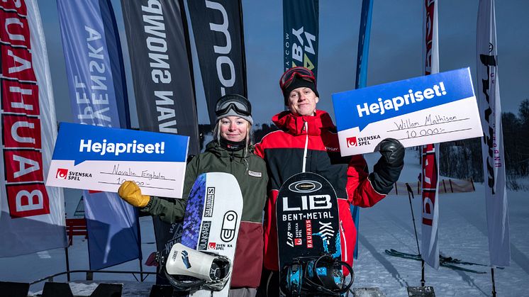 Novalie Engholm, Härnösands Alpina klubb, och William Mathisen, Sälens IF, vann Swedish Snowboard Series. Foto: Daniel Bernstål