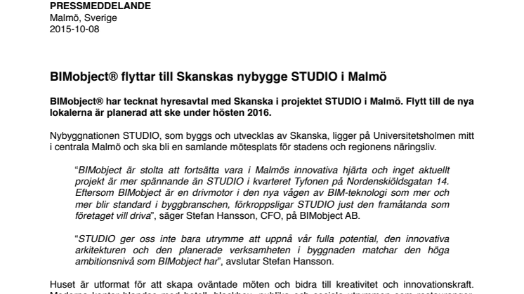BIMobject® flyttar till Skanskas nybygge STUDIO i Malmö