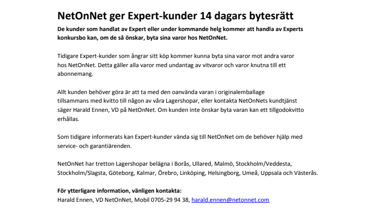 NetOnNet ger Expert-kunder 14 dagars bytesrätt