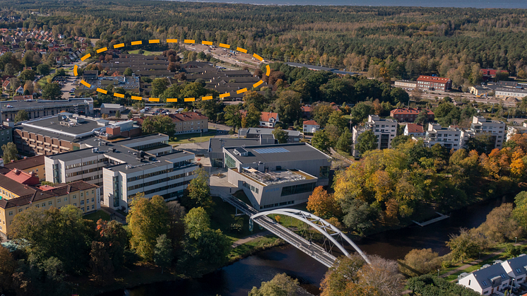 Markeringen i flygfotot visar en ungefärlig markering av området som kallas Södra sjukhusområdet