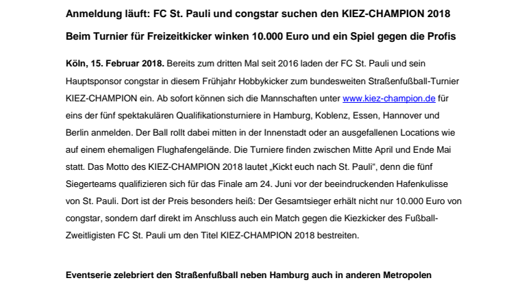 Anmeldung läuft: FC St. Pauli und congstar suchen den KIEZ-CHAMPION 2018 - Beim Turnier für Freizeitkicker winken 10.000 Euro und ein Spiel gegen die Profis