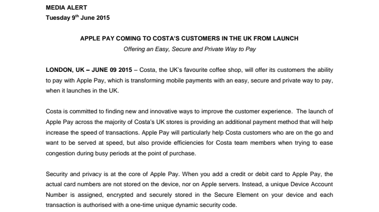 APPLE PAY COMING TO COSTA’S CUSTOMERS IN THE UK FROM LAUNCH