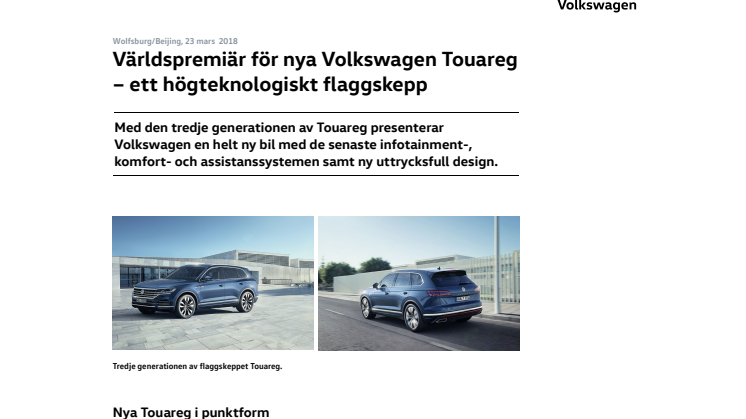 Världspremiär för nya Volkswagen Touareg – ett högteknologiskt flaggskepp