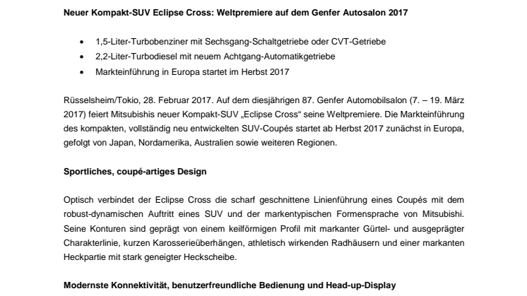 Neuer Kompakt-SUV Eclipse Cross: Weltpremiere auf dem Genfer Autosalon 2017