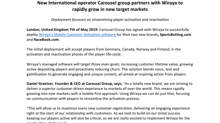 New International operator Carousel group partners with Wiraya to rapidly grow in new target markets