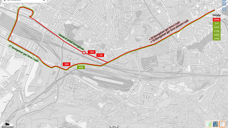 Linje 300E, 375, 400E, 470E, 480E og 490E snus på Helsfyr, mens linje 300 og 400 kjører alternativ trasé til Oslo bussterminal, via Strømsveien, St. Hallvards gate og Bjørvika.