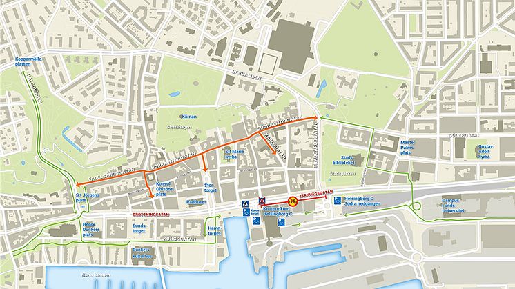Bilden illustrerar placeringen av det nya övergångsstället på Järnvägsgatan och cykelparkeringar runt Knutpunkten.