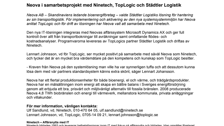 Neova i samarbetsprojekt med Ninetech, TopLogic och Städtler Logistik