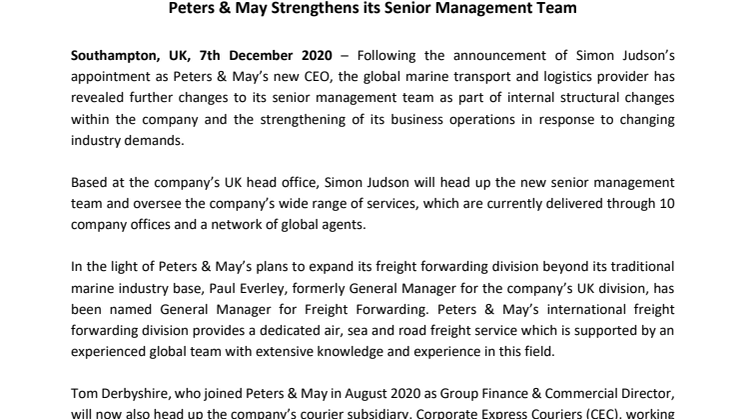 Peters & May Strengthens its Senior Management Team