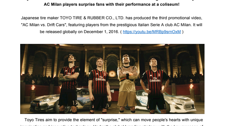 Toyo Tires to release third Promotional Video featuring AC Milan Players "AC Milan vs. Drift Cars"