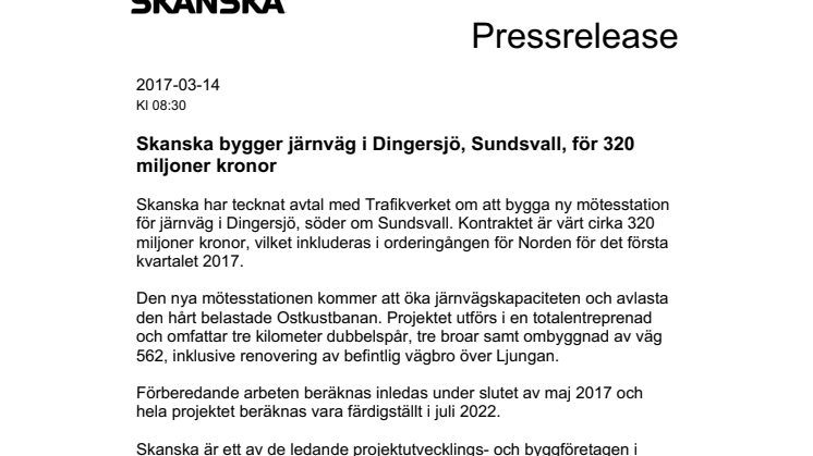 Skanska bygger järnväg i Dingersjö, Sundsvall, för 320 miljoner kronor