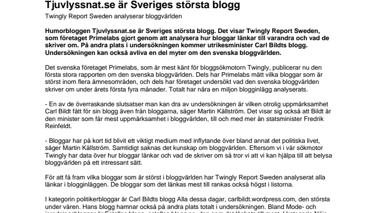 Tjuvlyssnat.se är Sveriges största blogg - Twingly Report Sweden analyserar bloggvärlden