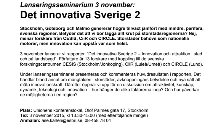 Lanseringsseminarium: Det innovativa Sverige 2