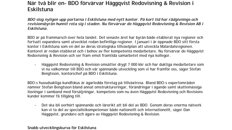 När två blir en - BDO förvärvar Häggqvist Redovisning & Revision i Eskilstuna