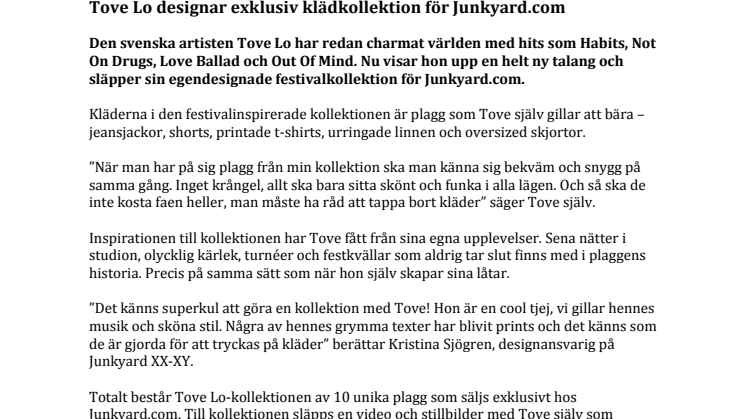 Tove Lo designar exklusiv klädkollektion för Junkyard.com