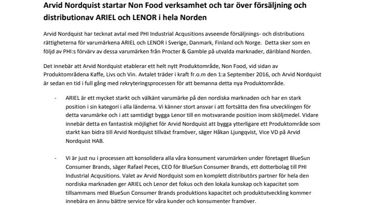 Arvid Nordquist startar Non Food verksamhet och tar över försäljning och distributionav ARIEL och LENOR i hela Norden