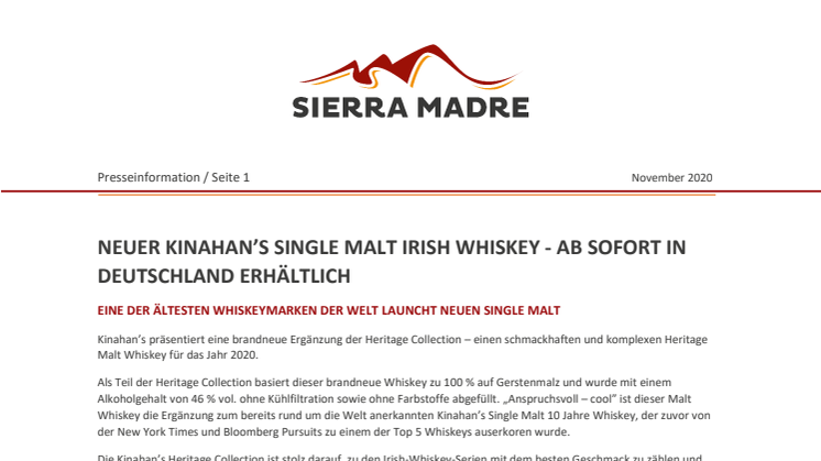 Neuer Kinahan's Single Malt Irish Whiskey - Ab sofort in Deutschland erhältlich 