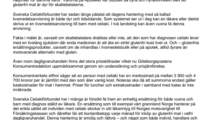 Svenska Celiakiförbundet kräver nationell kostersättning
