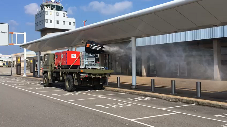 A HIMOINSA generator mounted on an army truck powers disinfection efforts at Asturias International Airport.
