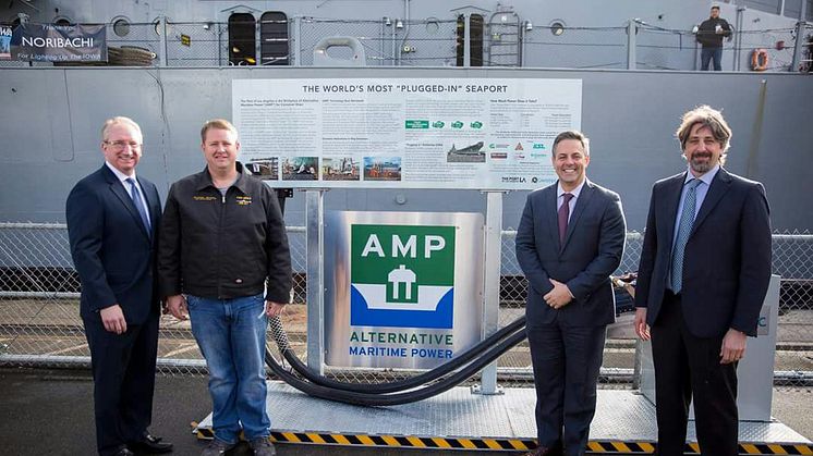 From left to right: Port of LA Executive Director, Gene Seroka; Jonathan Williams President & CEO Battleship Iowa; LA City Councilman Joe Buscaino; and Cavotec's Luciano Corbetta. Photo used by kind permission of POLA.