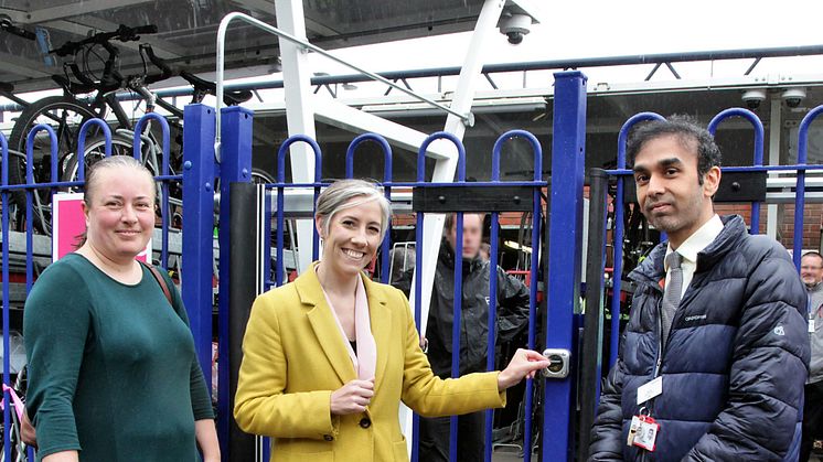 Key fob required: Daisy Cooper MP (centre) with Station Manager Harsitt Chandak and Cllr Jacqui Taylor at St Albans new cycle hub