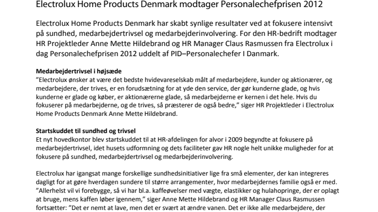 Electrolux Home Products Denmark modtager Personalechefprisen 2012